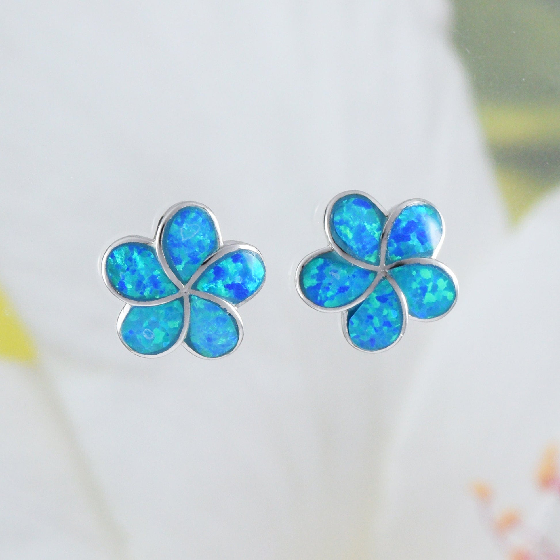 Beautiful Hawaiian Blue Opal Plumeria Earring, Sterling Silver Blue Opal Plumeria Stud Earring, E4031 Birthday Mom Mother Gift - Hawaii Treasures Shop