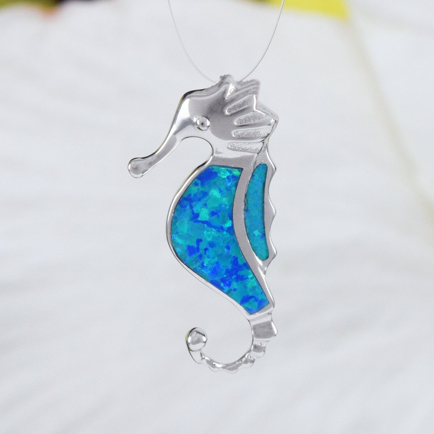 Hawaiian Blue Opal Seahorse Pendant, Sterling Silver Blue Opal Seahorse Pendant N6162 Birthday Mother Mom Gift, Island Jewelry