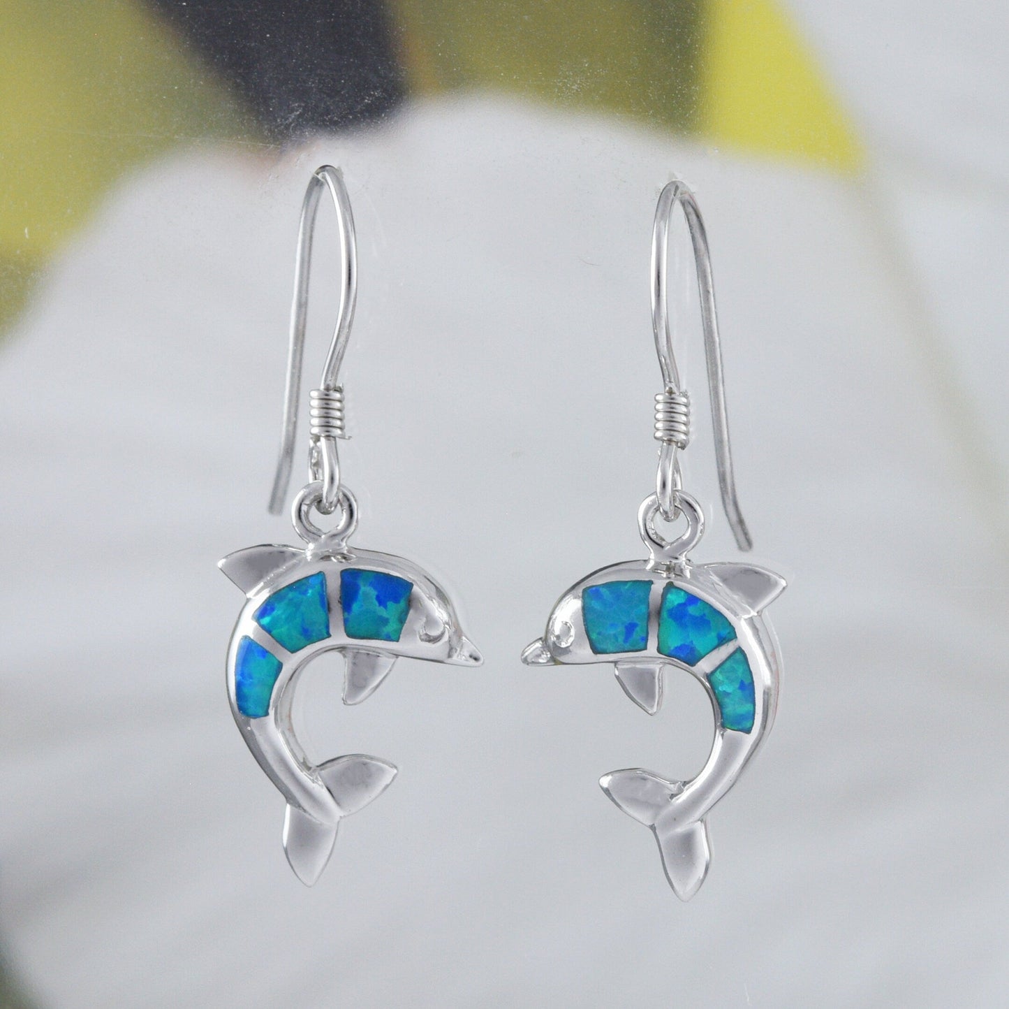 Beautiful Hawaiian Blue Opal Dolphin Earrings, Sterling Silver Blue Opal Dolphin Dangle Earrings, E4030 Birthday Wife Mom Mother Gift