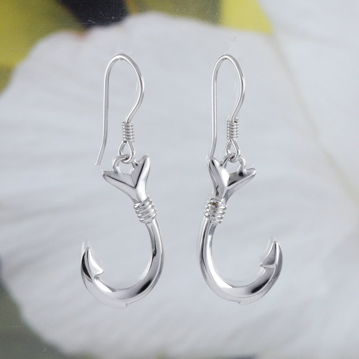 Hawaiian Large 3D Fish Hook Earrings, Sterling Silver Fish Hook Dangle Earrings, W4140 Mother Birthday Anniversary Gift