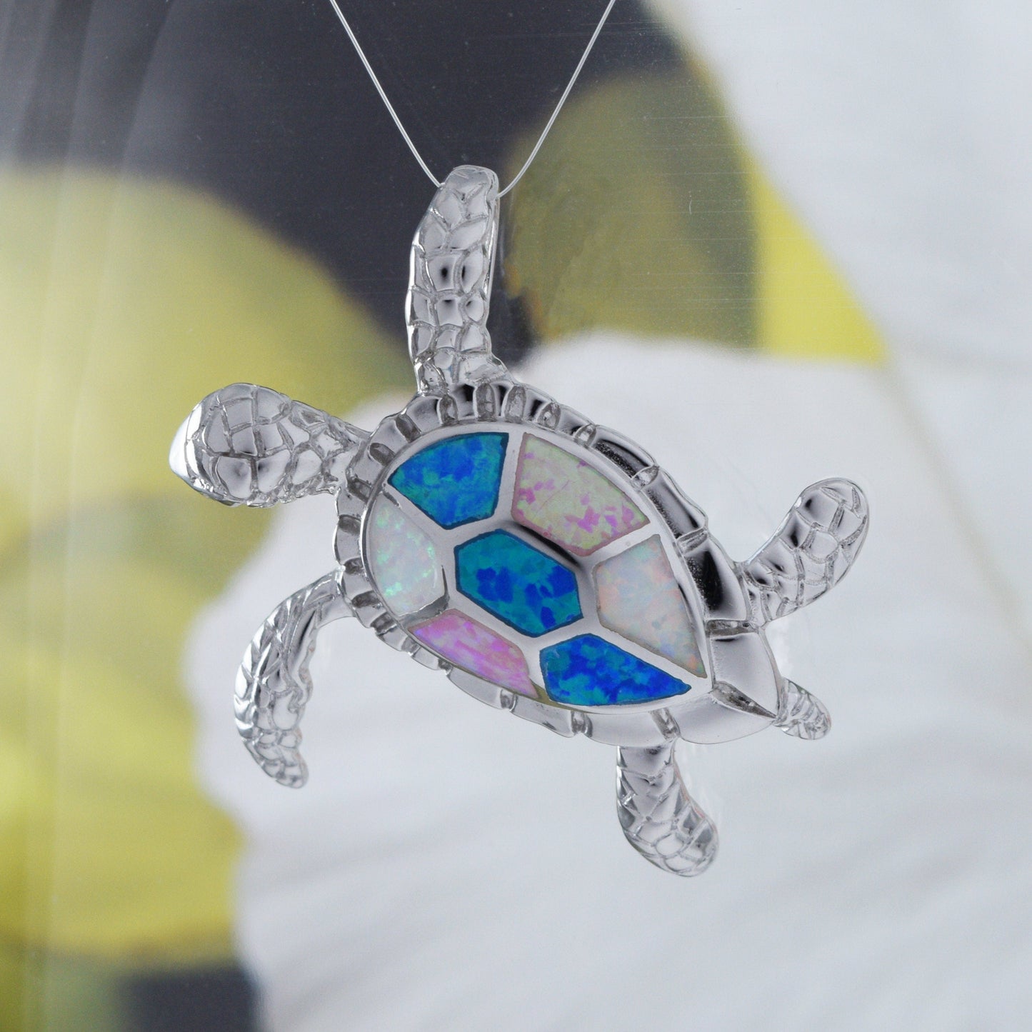 Hawaiian X-Large Tri-color Opal Sea Turtle Pendant, Sterling Silver Blue White Pink Opal Turtle Pendant, N8365 Birthday Mom Gift