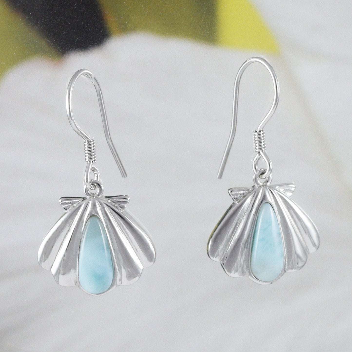 Hawaiian Genuine Larimar Seashell Earrings, Sterling Silver Larimar Sea Shell Dangle Earrings, E8476 Birthday Mom Gift