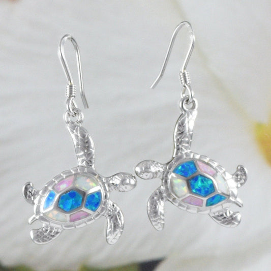 Hawaiian Large Tri-color Opal Sea Turtle Earrings, Sterling Silver Opal Turtle Dangle Earrings, E8401 Mother Birthday Mom Gift