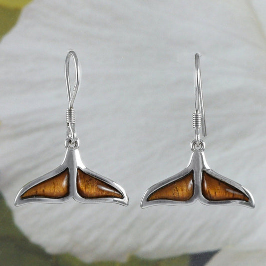 Hawaiian Large Genuine Koa Wood Whale Tail Earring, Sterling Silver Koa Wood Whale Tail Dangle Earring, E8426 Mother Wife Mom Gift