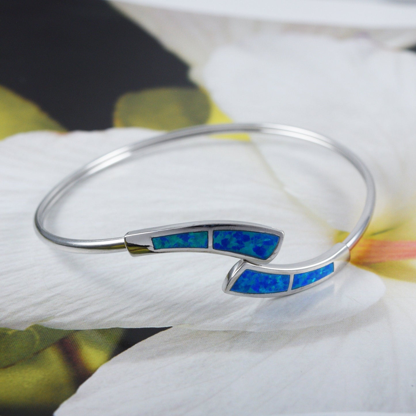 Hawaiian Blue Opal Ocean Wave Bangle Bracelet, Sterling Silver Blue Opal Wave Bracelet B3346 Birthday Mom Gift, Statement PC