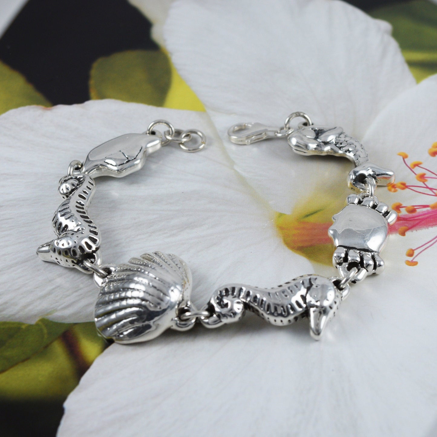 Hawaiian X-Large Seahorse Seashell Mermaid Crab Bracelet, Sterling Silver Sealife Bracelet, B3305 Birthday Mom Gift