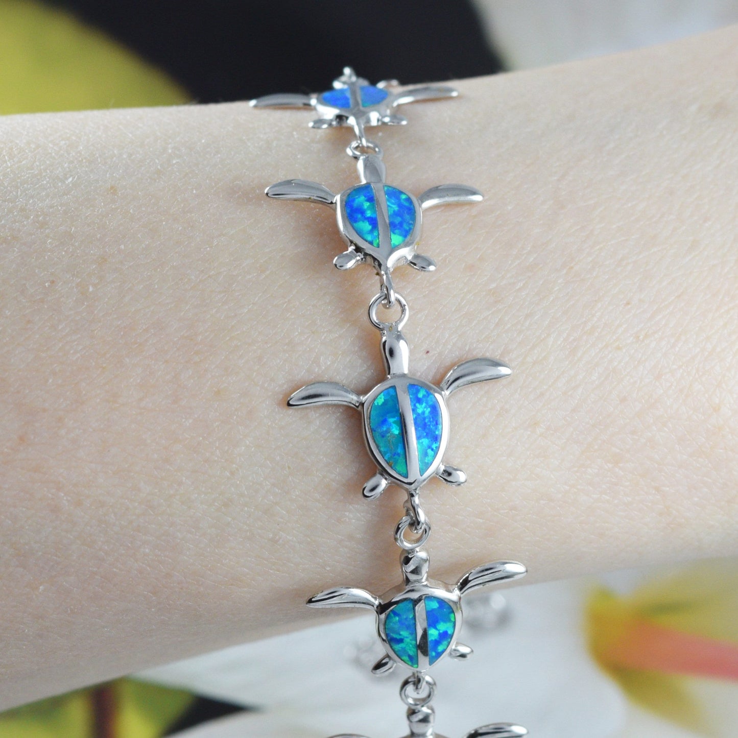 Gorgeous Hawaiian Large Blue Opal Sea Turtle Bracelet, Sterling Silver Blue Opal Turtle Bracelet, B3306 Birthday Mom Gift, Statement PC - Hawaii Treasures Shop