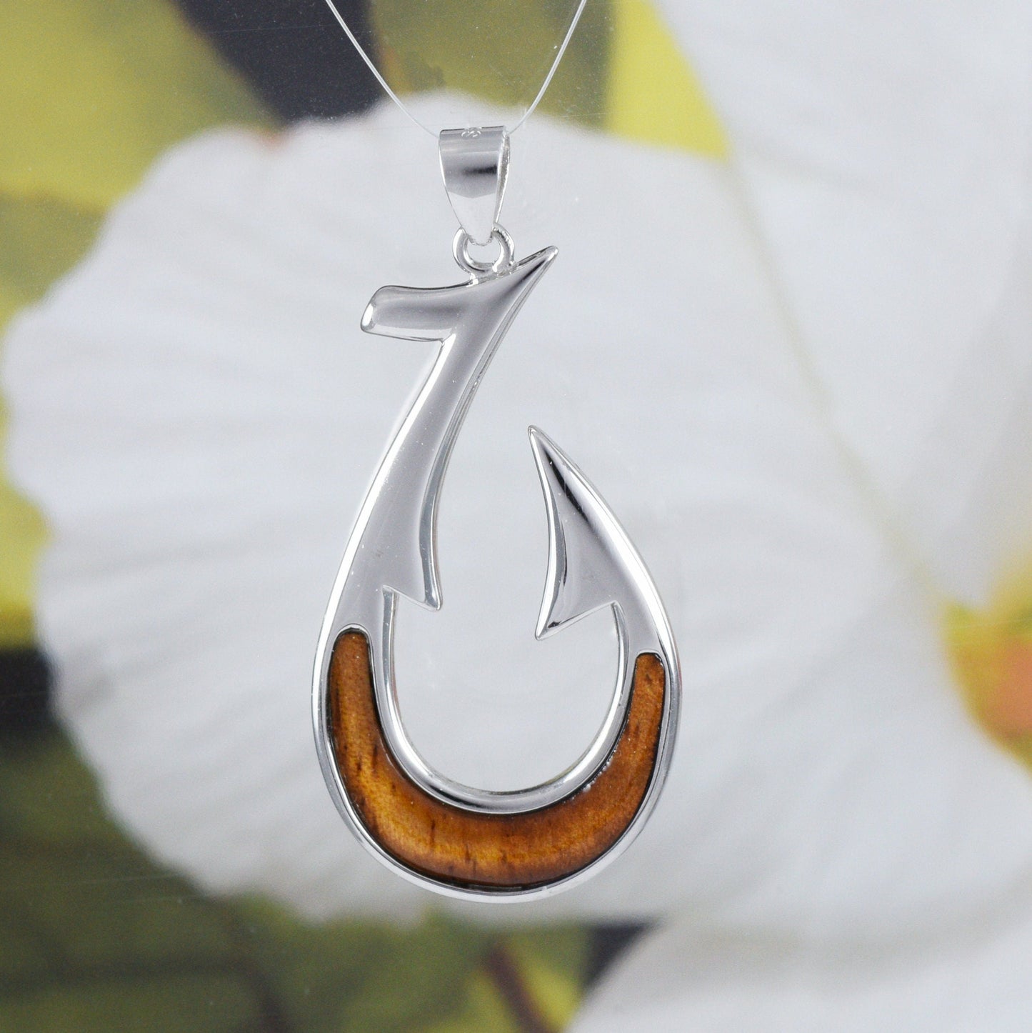 Hawaiian X-Large Genuine Koa Wood Fish Hook Pendant, Sterling Silver Fish Hook Pendant, N8516 Birthday Mother Gift