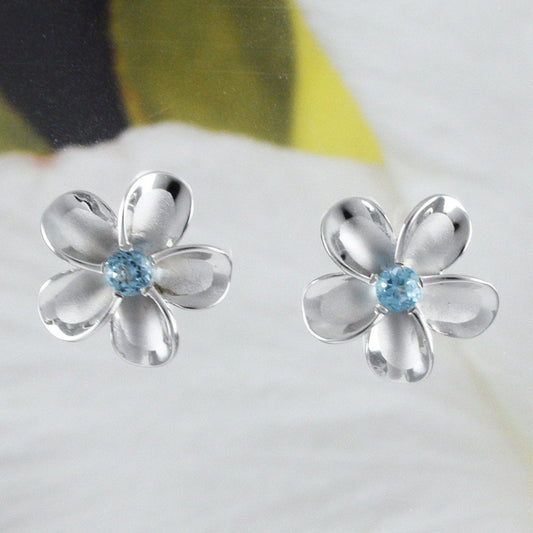 Hawaiian Genuine Blue Topaz Plumeria Earrings, Sterling Silver Plumeria Flower Stud Earrings, E8537 Birthday Wife Mom Mother Gift