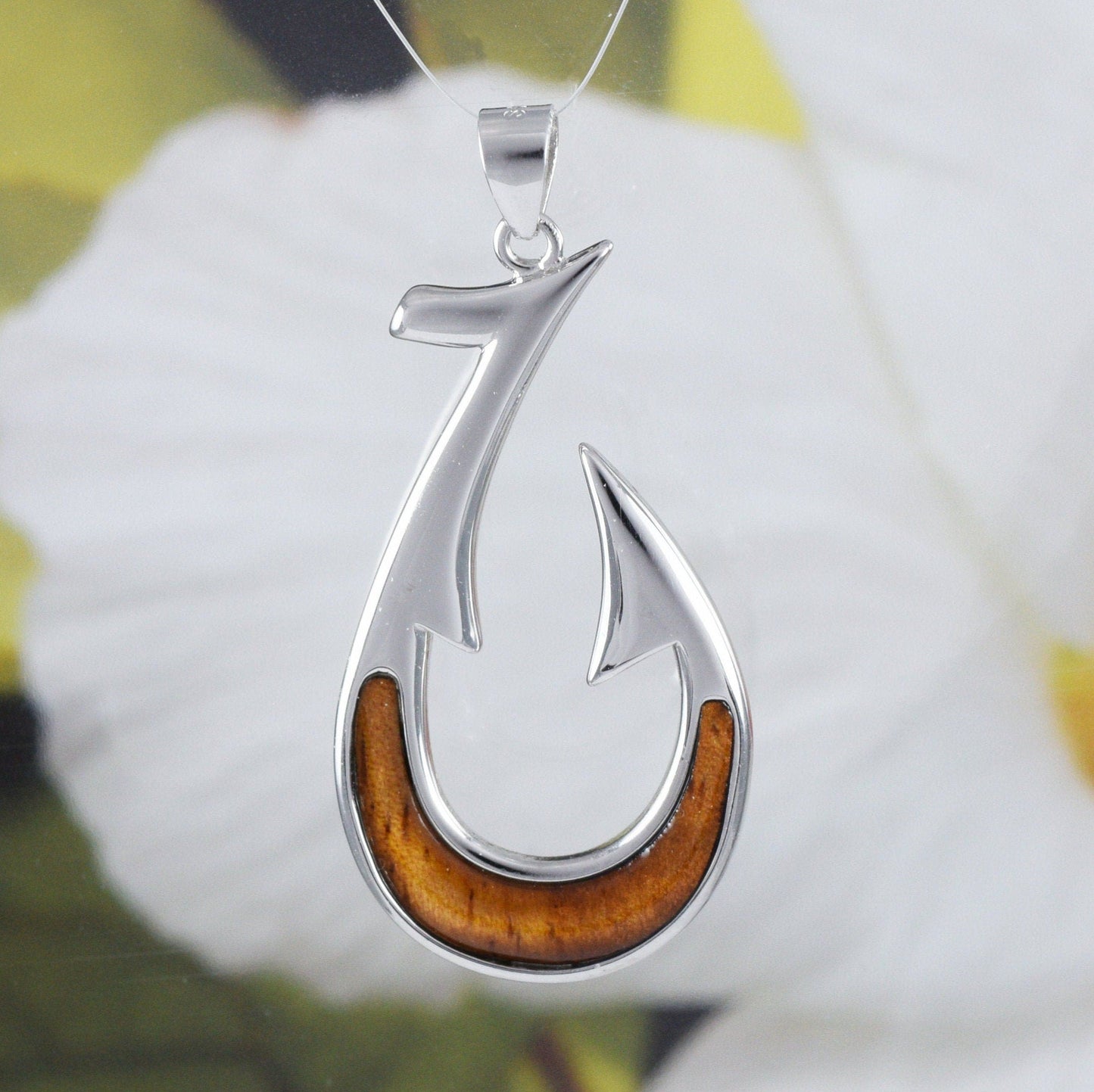 Hawaiian X-Large Genuine Koa Wood Fish Hook Pendant, Sterling Silver Fish Hook Pendant, N8516 Birthday Mother Gift