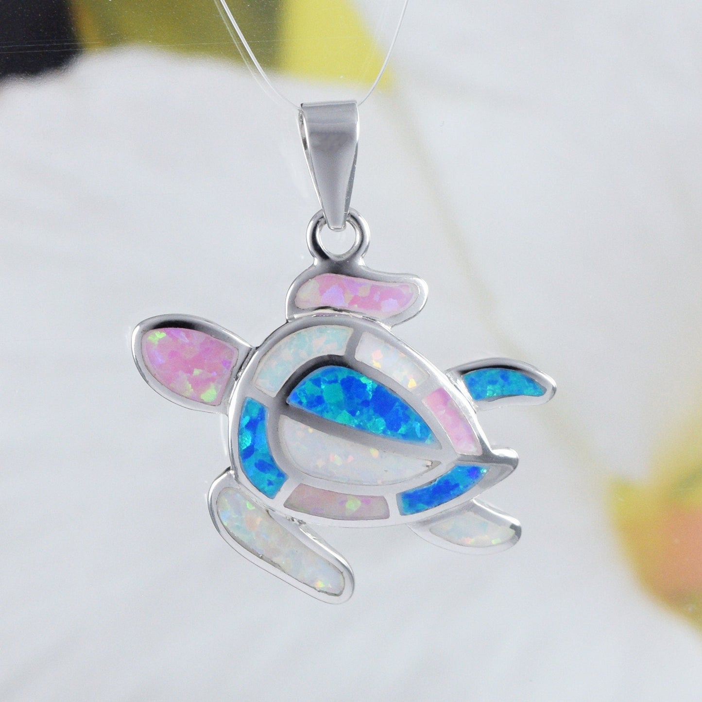 Hawaiian Tri-color Opal Sea Turtle Pendant, Sterling Silver Blue White Pink Opal Turtle Pendant, N8367 Birthday Mom Gift