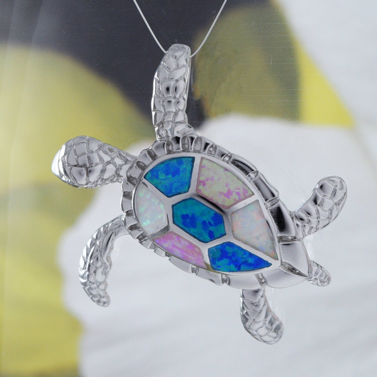 Hawaiian X-Large Tri-color Opal Sea Turtle Pendant, Sterling Silver Blue White Pink Opal Turtle Pendant, N8365 Birthday Mom Gift