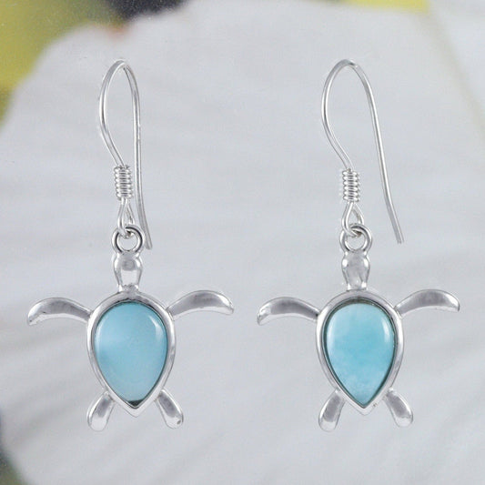 Hawaiian Genuine Larimar Sea Turtle Earrings, Sterling Silver Larimar Turtle Dangle Earrings, E8466 Birthday Wife Mom Mother Gift