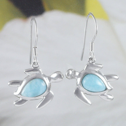 Hawaiian Genuine Larimar Sea Turtle Earrings, Sterling Silver Larimar Turtle Dangle Earrings, E8468 Birthday Wife Mom Mother Gift