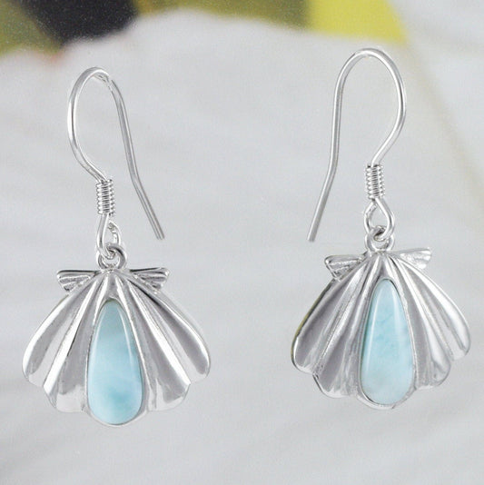 Hawaiian Genuine Larimar Seashell Earrings, Sterling Silver Larimar Sea Shell Dangle Earrings, E8476 Birthday Mom Gift