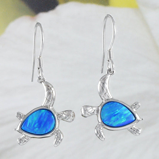 Hawaiian Blue Opal Sea Turtle Earring, Sterling Silver Blue Opal Turtle Dangle Earring, E8406 Valentine Birthday Mom Gift