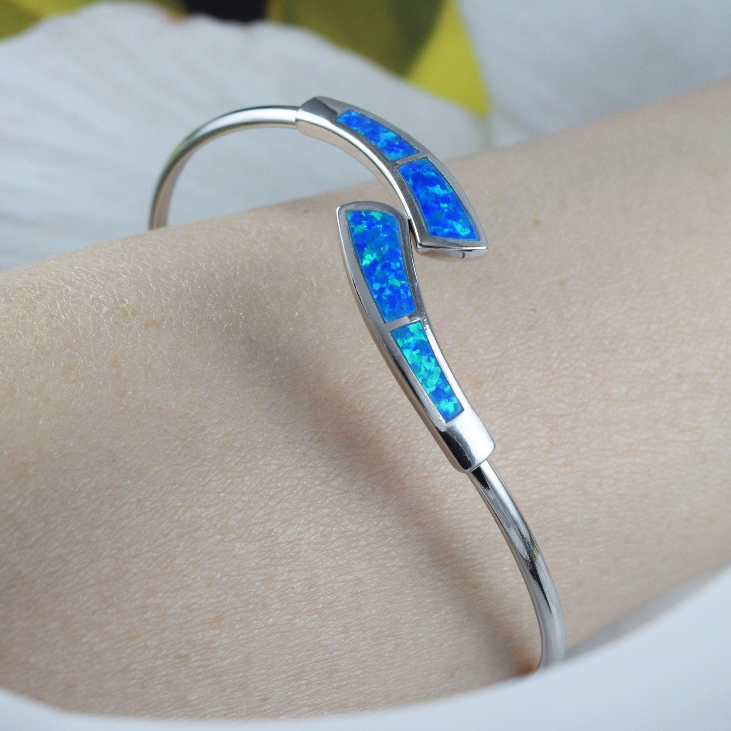 Hawaiian Blue Opal Ocean Wave Bangle Bracelet, Sterling Silver Blue Opal Wave Bracelet B3346 Birthday Mom Gift, Statement PC