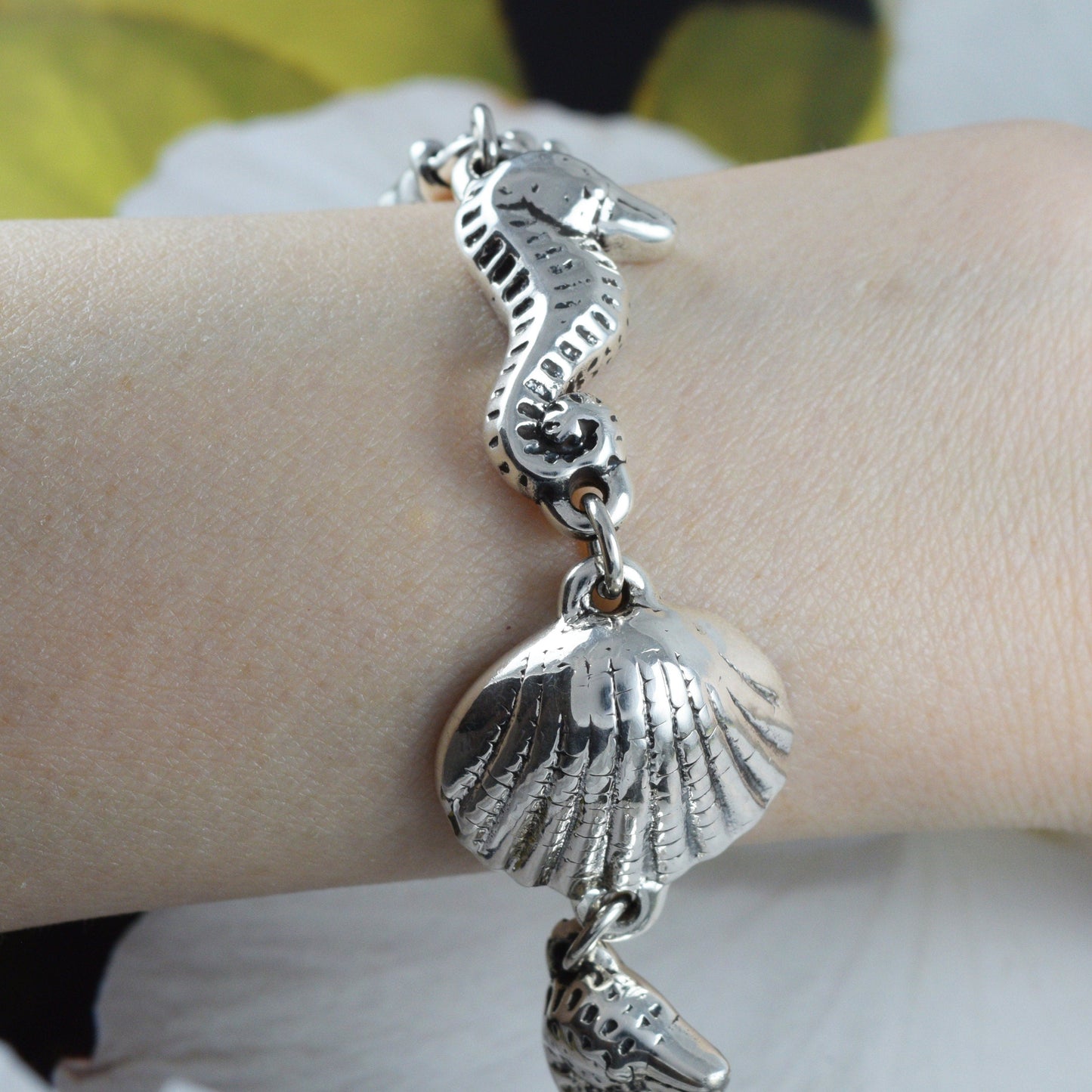 Hawaiian X-Large Seahorse Seashell Mermaid Crab Bracelet, Sterling Silver Sealife Bracelet, B3305 Birthday Mom Gift