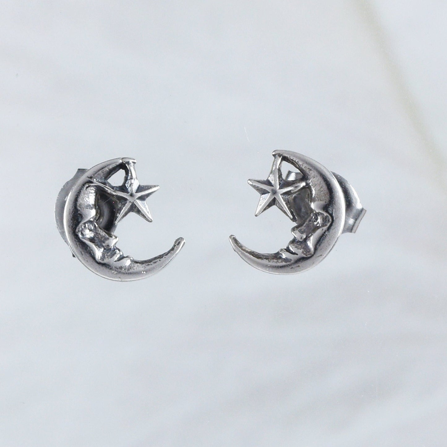 Silver Moon Star Earrings, Sterling Silver Moon Star Stud Earrings, E8828 Birthday Mother Gift, Texan Jewelry