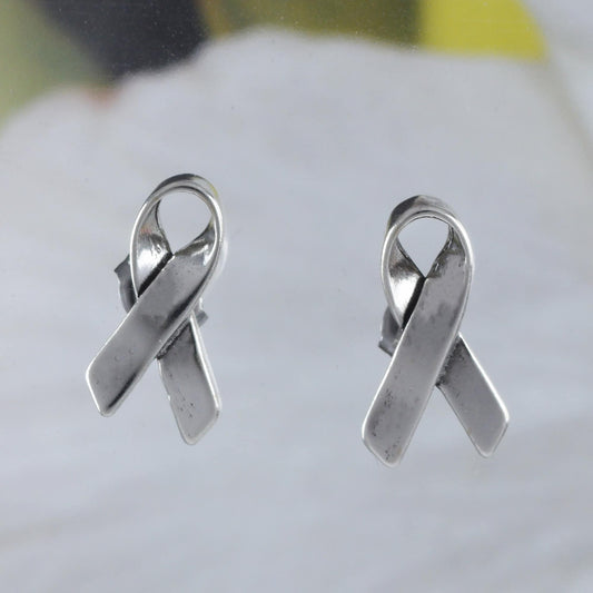 Silver Ribbon Earrings, Sterling Silver Ribbon Stud Earrings, Breast Cancer Awareness Sign, E8832 Birthday Mother Gift, Texan Jewelry