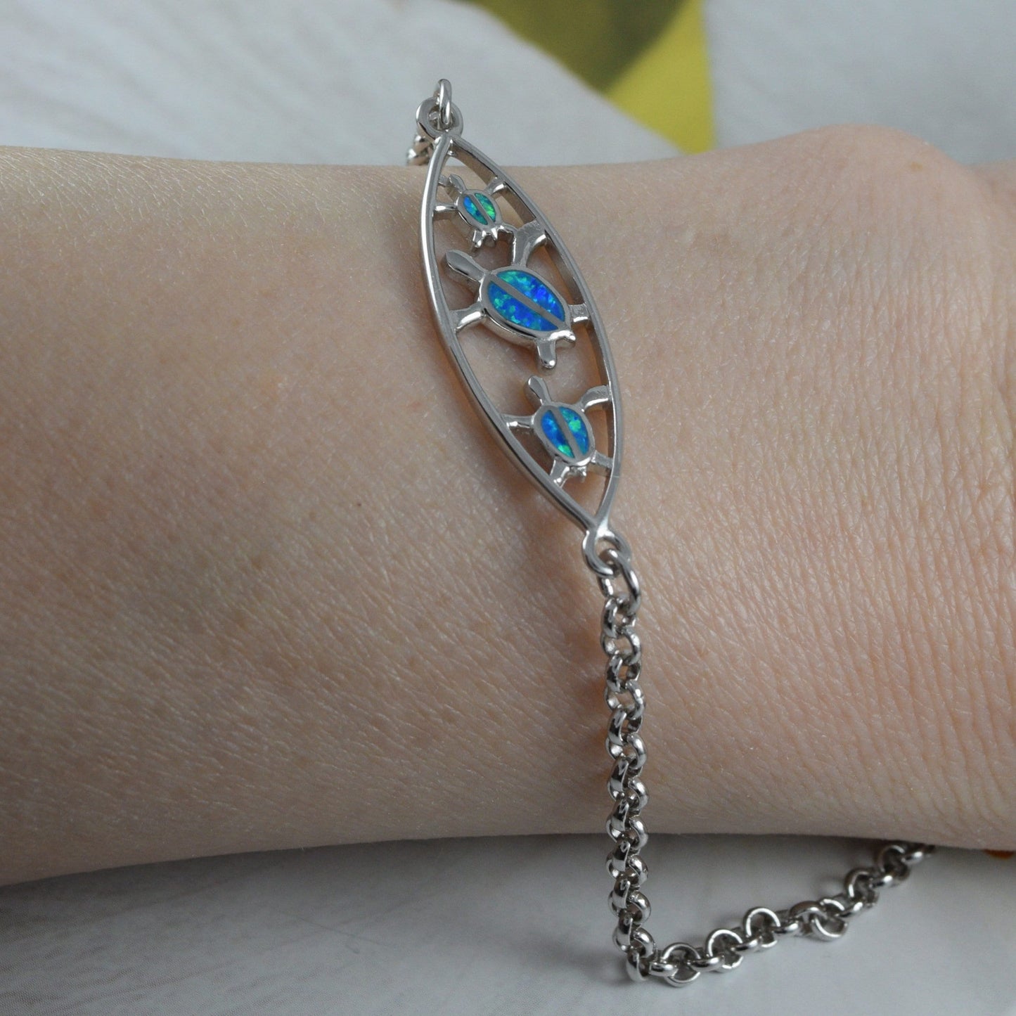 Beautiful Hawaiian Blue Opal 3 Sea Turtle Surfboard Bracelet, Sterling Silver Mom & 2 Baby Turtle Bracelet, B3312 Birthday Mom Gift - Hawaii Treasures Shop