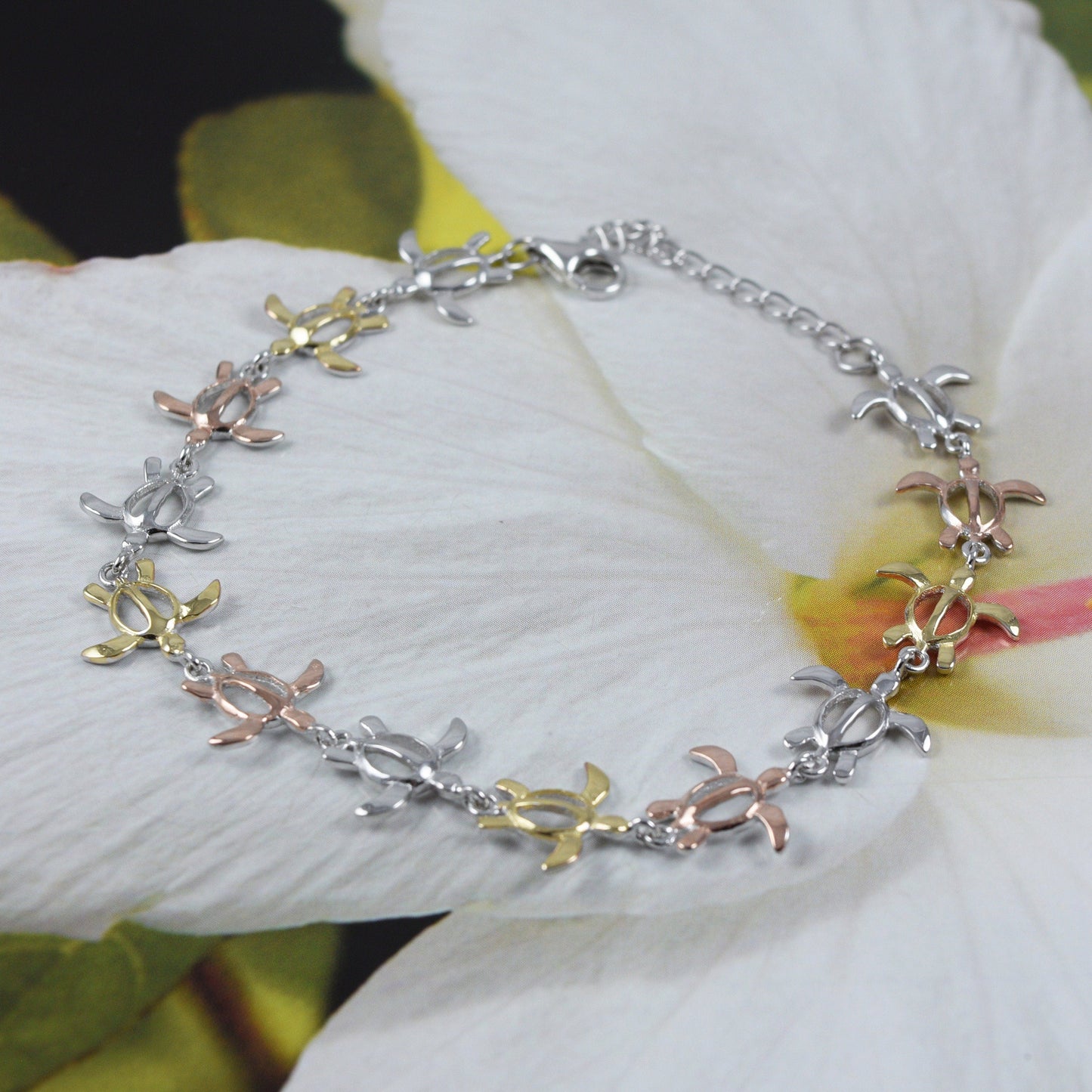 Hawaiian 3-Tone Sea Turtle Bracelet, Sterling Silver Yellow-Gold Plated Tri-color Turtle Bracelet, B3313 Birthday Mom Mother Gift