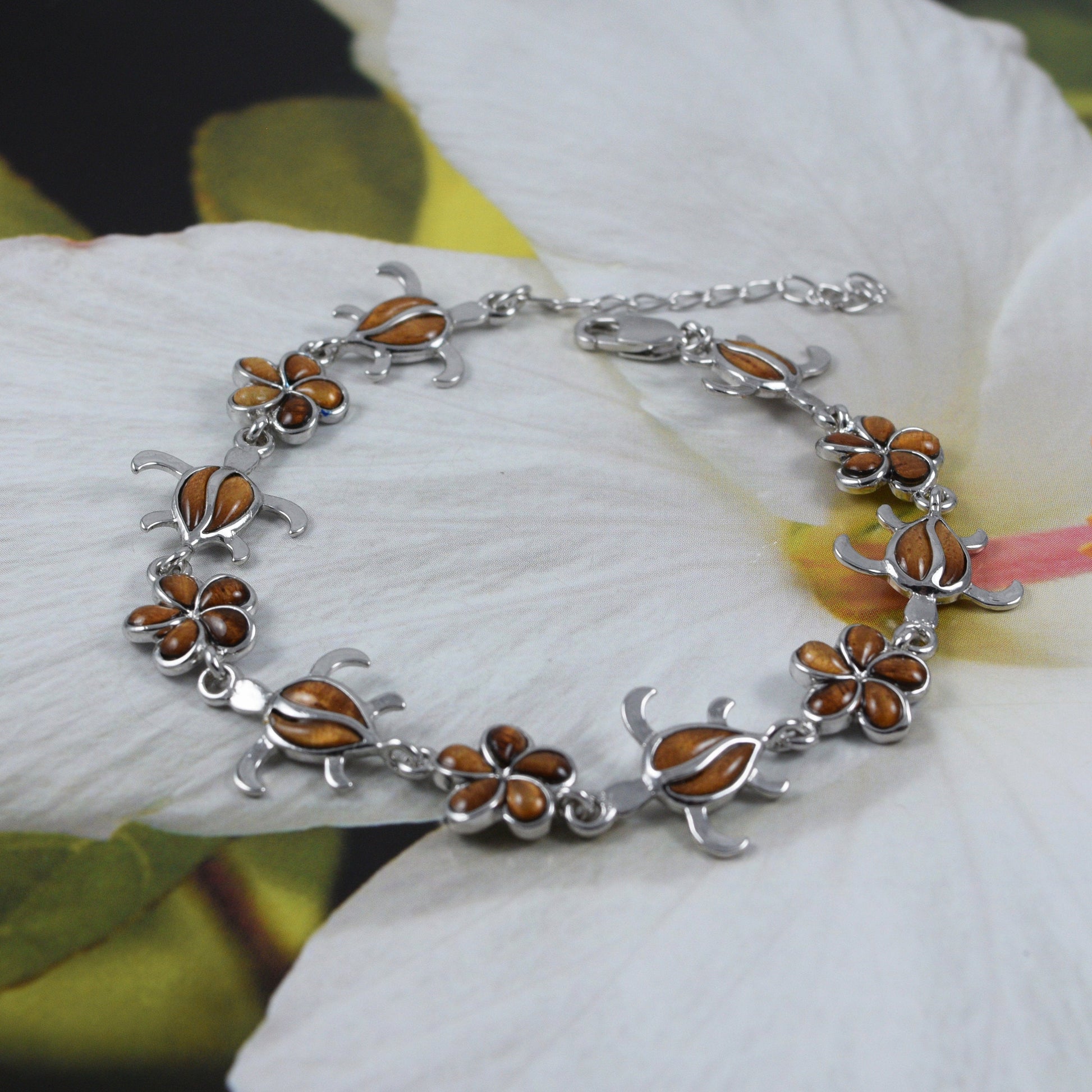Beautiful Hawaiian Large Genuine Koa Wood Sea Turtle Plumeria Bracelet, Sterling Silver Koa Wood Turtle Bracelet, B3320 Birthday Mom Gift - Hawaii Treasures Shop