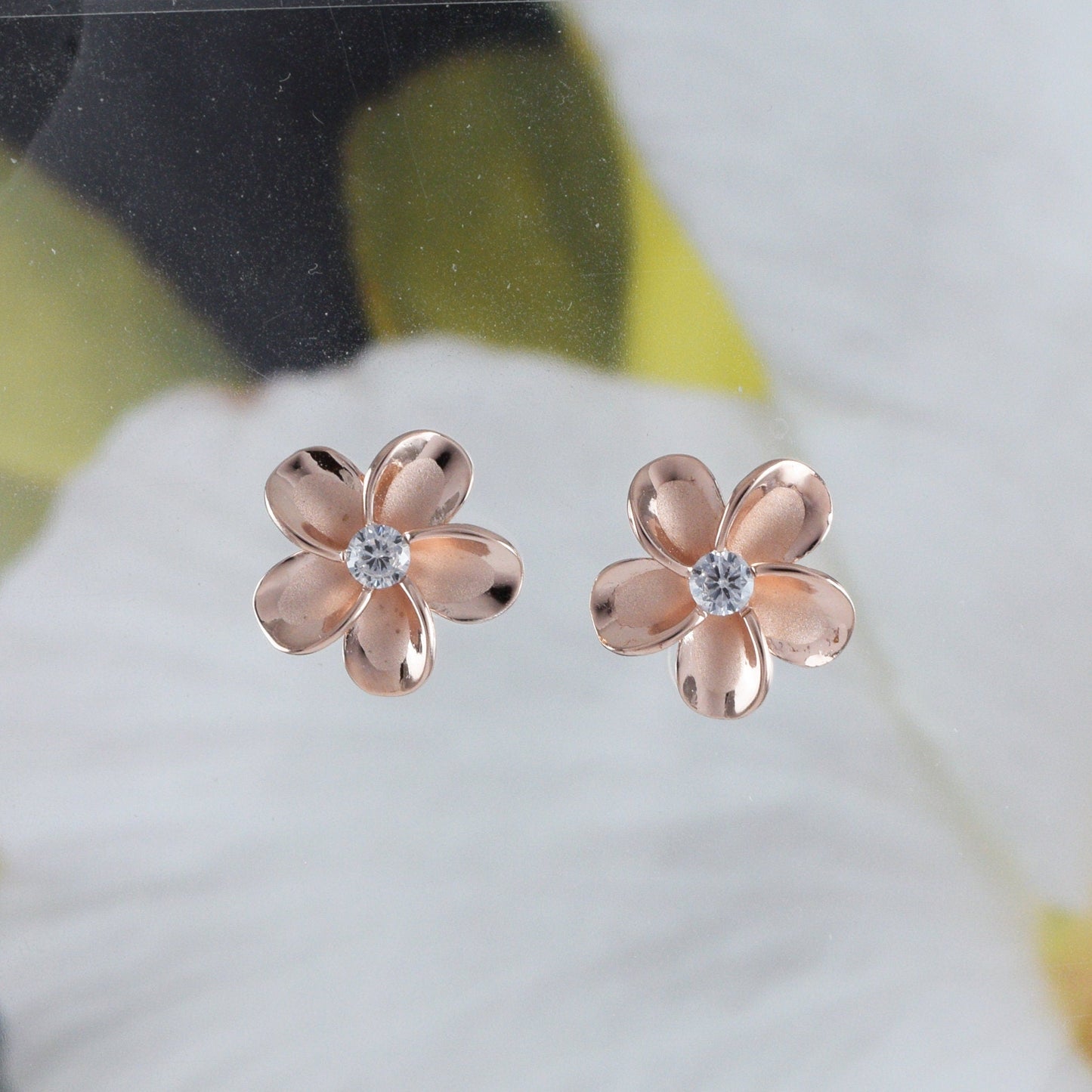 Hawaiian Plumeria Earring, Sterling Silver Rose-Gold Plated Plumeria Flower Stud Earring, E8893 Birthday Wife Mom Valentine Gift