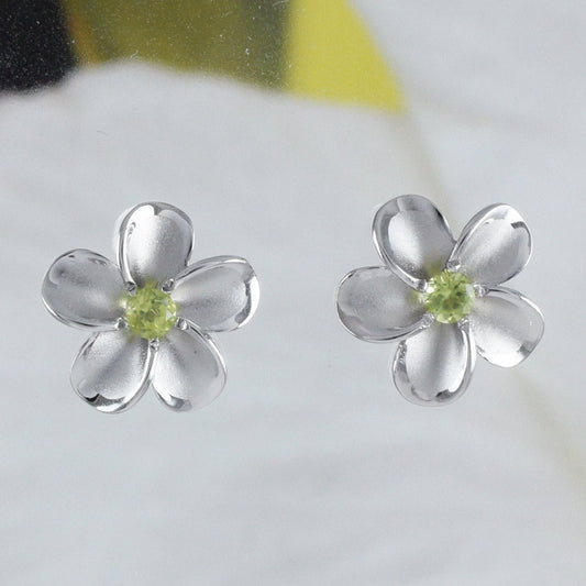 Hawaiian Genuine Peridot Plumeria Earring, Sterling Silver Peridot Plumeria Flower Stud Earring, E8889 Birthday Mom Mother Gift