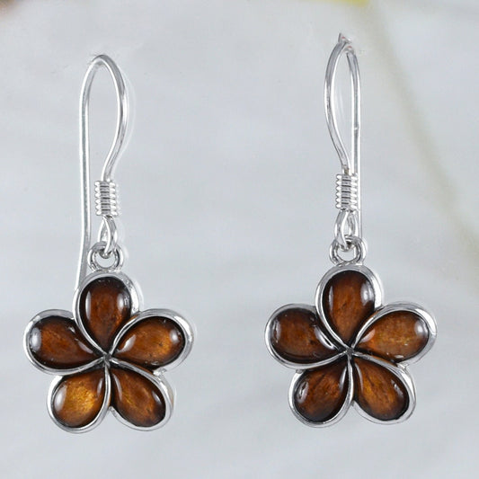 Hawaiian Genuine Koa Wood Plumeria Earrings, Sterling Silver Plumeria Dangle Earrings E8918 Birthday Mom Mother Gift, Island Jewelry