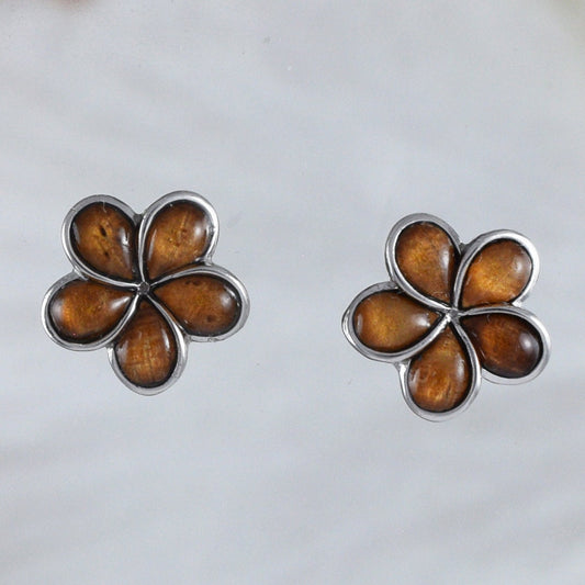 Hawaiian Genuine Koa Wood Plumeria Earrings, Sterling Silver Koa Wood Plumeria Stud Earrings, E8917 Birthday Wife Mom Mother Gift