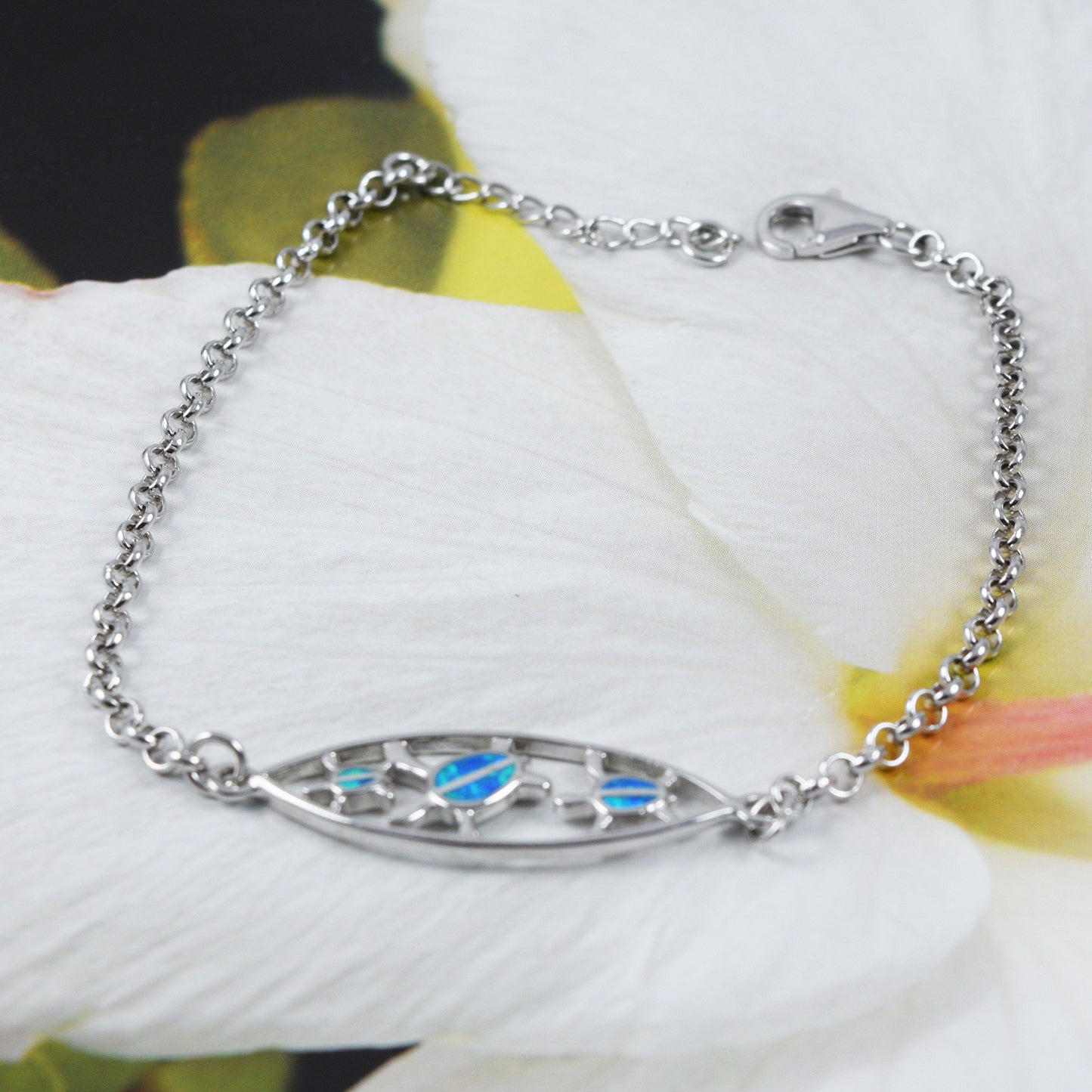 Beautiful Hawaiian Blue Opal 3 Sea Turtle Surfboard Bracelet, Sterling Silver Mom & 2 Baby Turtle Bracelet, B3312 Birthday Mom Gift - Hawaii Treasures Shop