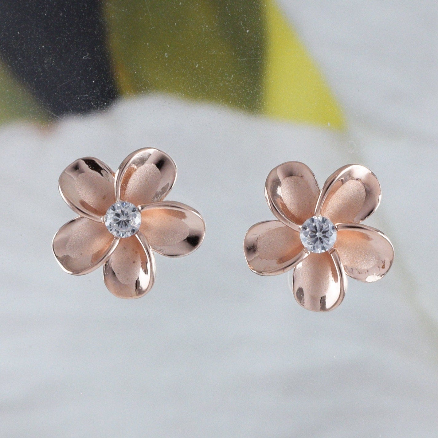 Hawaiian Plumeria Earring, Sterling Silver Rose-Gold Plated Plumeria Flower Stud Earring, E8893 Birthday Wife Mom Valentine Gift