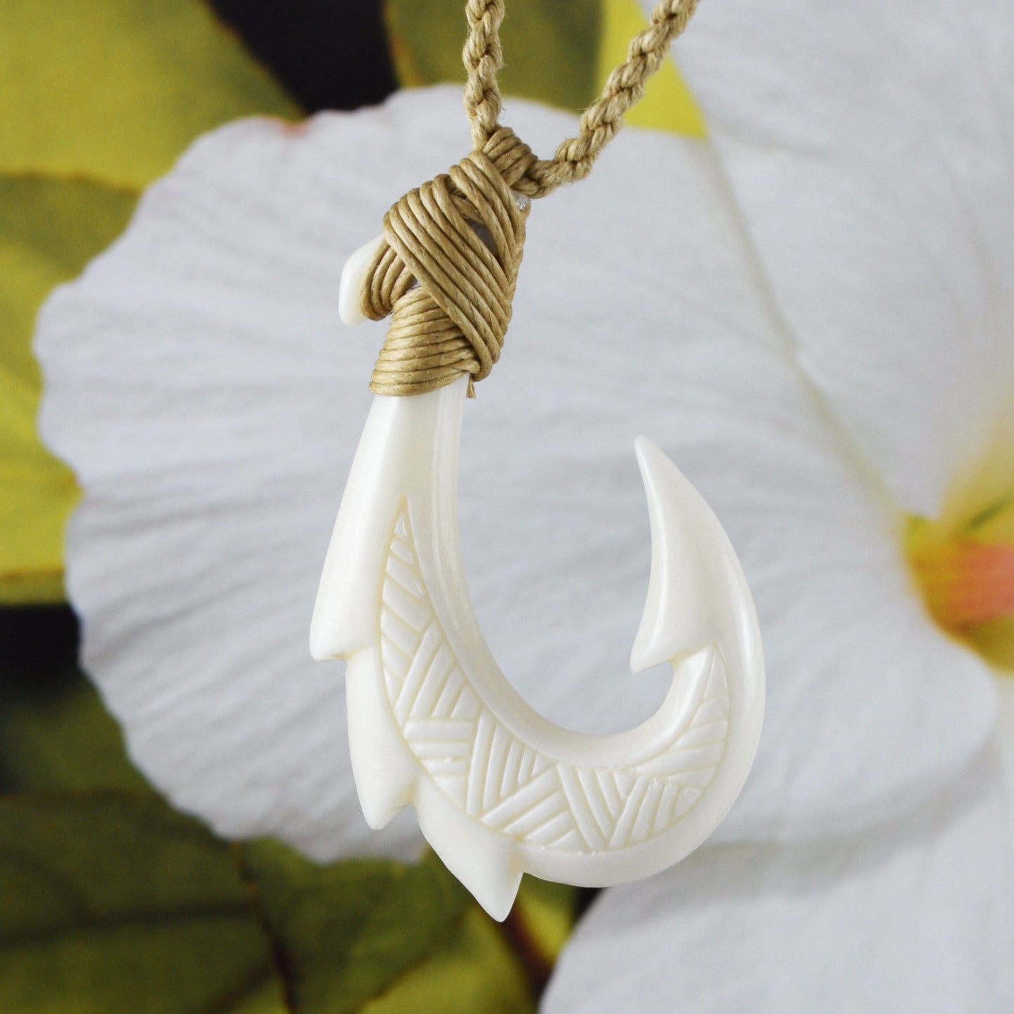 Unique Hawaiian Large Fish Hook Necklace, Hand Carved Buffalo Bone 3D Fish Hook Necklace, N9102 Birthday Mother Gift, Island Jewelry - Hawaii Treasures Shop