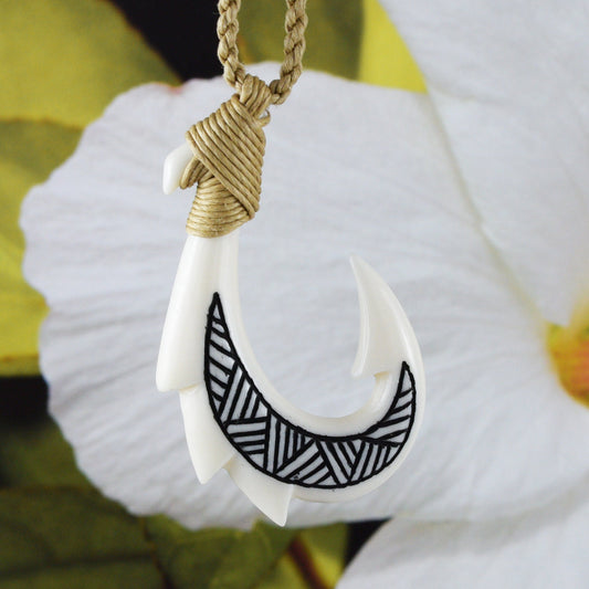 Hawaiian Large Fish Hook Necklace, Hand Carved Buffalo Bone 3D Fish Hook Necklace, N9104 Birthday Mother Gift, Island Jewelry