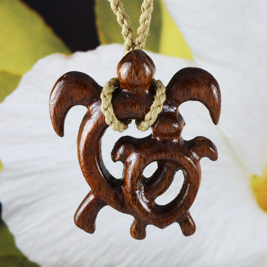 Hawaiian Large Mom & Small Sea Turtle Necklace, Hand Carved Genuine Koa Wood Turtle Necklace, N9136 Birthday Mother Gift