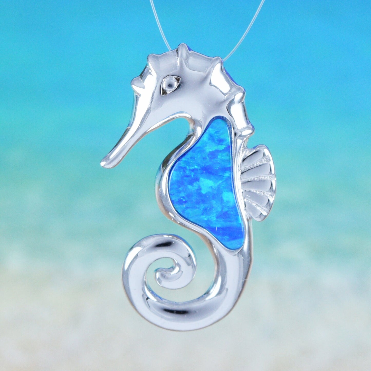 Hawaiian Blue Opal Seahorse Pendant, Sterling Silver Blue Opal Sea Horse Pendant, Christmas Anniversary Birthday Mom Gift