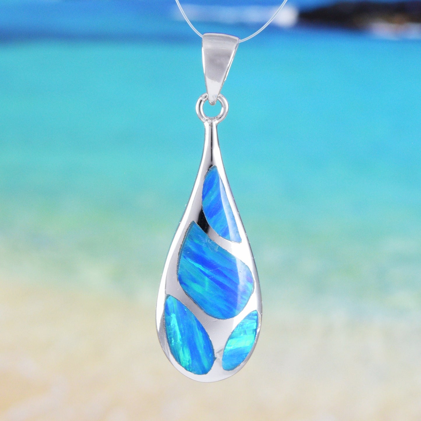 Hawaiian Blue Opal Rain Drop Pendant, Sterling Silver Blue Opal Inlay Rain Drop Pendant, Hawaiian Jewelry, Christmas Mom Birthday Gift