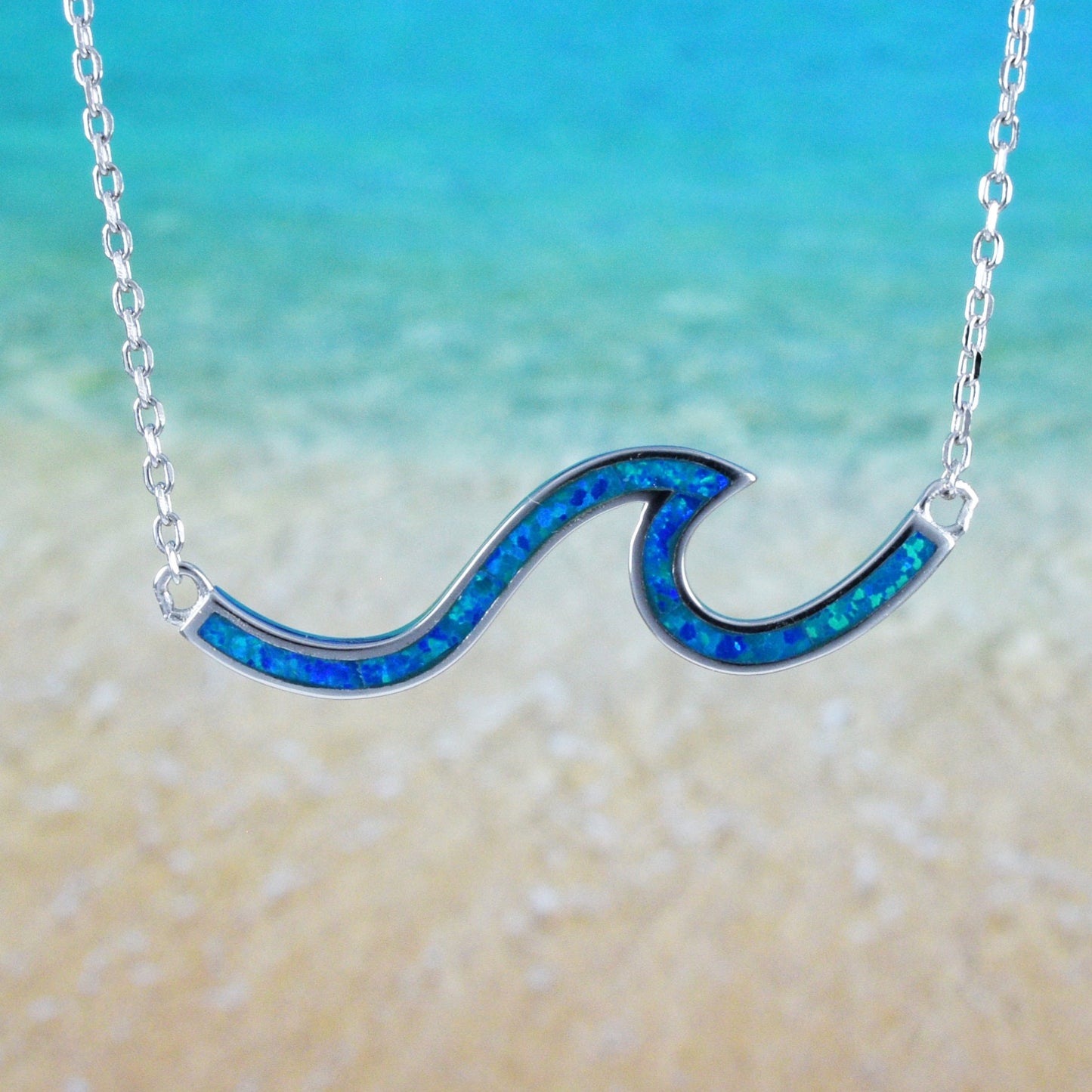 Hawaiian Blue Opal Ocean Wave Necklace, Sterling Silver Blue Opal Wave Necklace, Christmas Anniversary Birthday Mom Gift