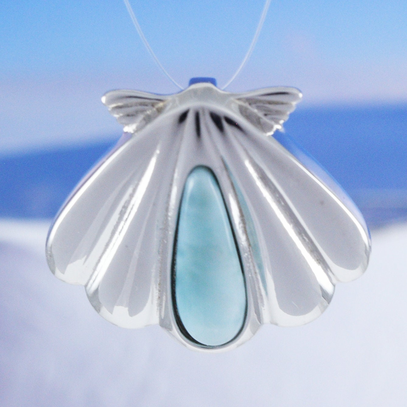 Hawaiian Genuine Larimar Seashell Pendant, Sterling Silver Larimar Seashell Pendant, Christmas Mom Birthday Gift