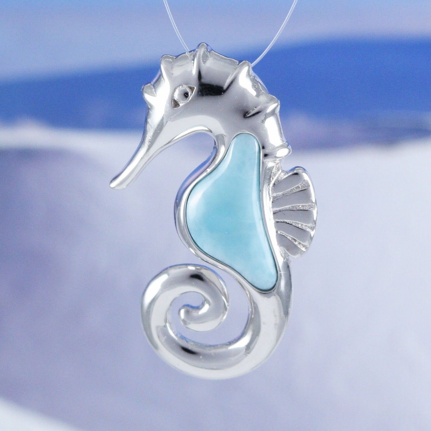 Hawaiian Genuine Larimar Seahorse Pendant, Sterling Silver Larimar Sea Horse Pendant, Christmas Anniversary Birthday Mom Gift