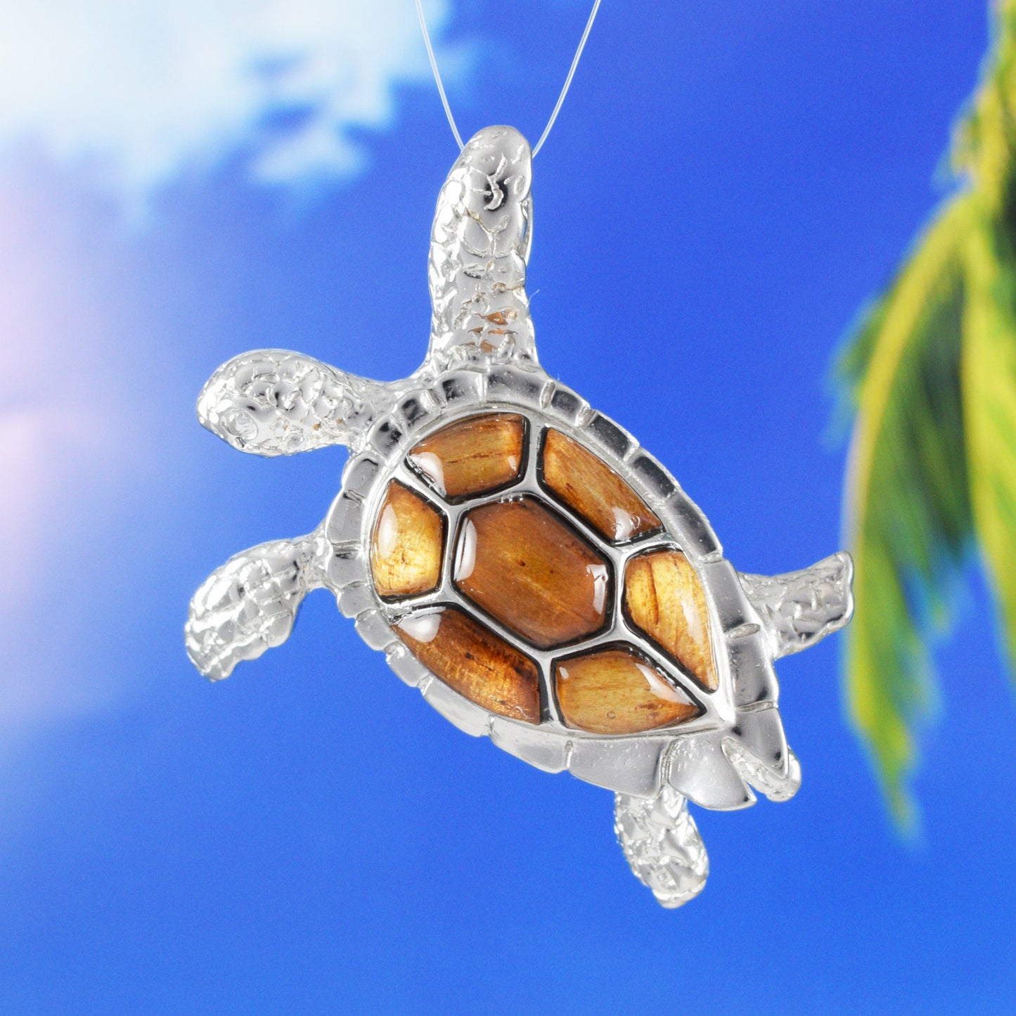 Hawaiian X-Large Genuine Koa Wood Sea Turtle Pendant, Sterling Silver Koa Wood Sea Turtle Pendant, Christmas Birthday Mom Gift