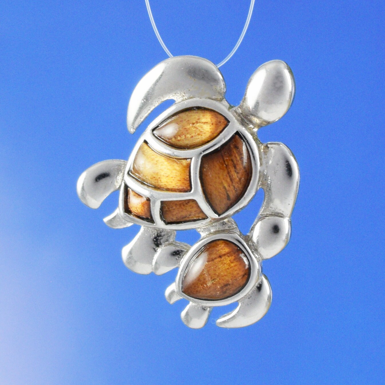 Hawaiian Genuine Koa Wood Mom & Small Sea Turtle Pendant, Sterling Silver Koa Wood Inlay 2 Sea Turtle Pendant, Christmas Birthday Gift