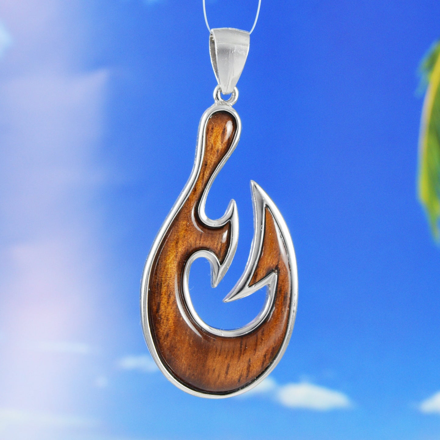 Hawaiian X-Large Genuine Koa Wood Fish Hook Pendant, Sterling Silver Koa Wood Fish Hook Pendant, Christmas Anniversary Birthday Gift