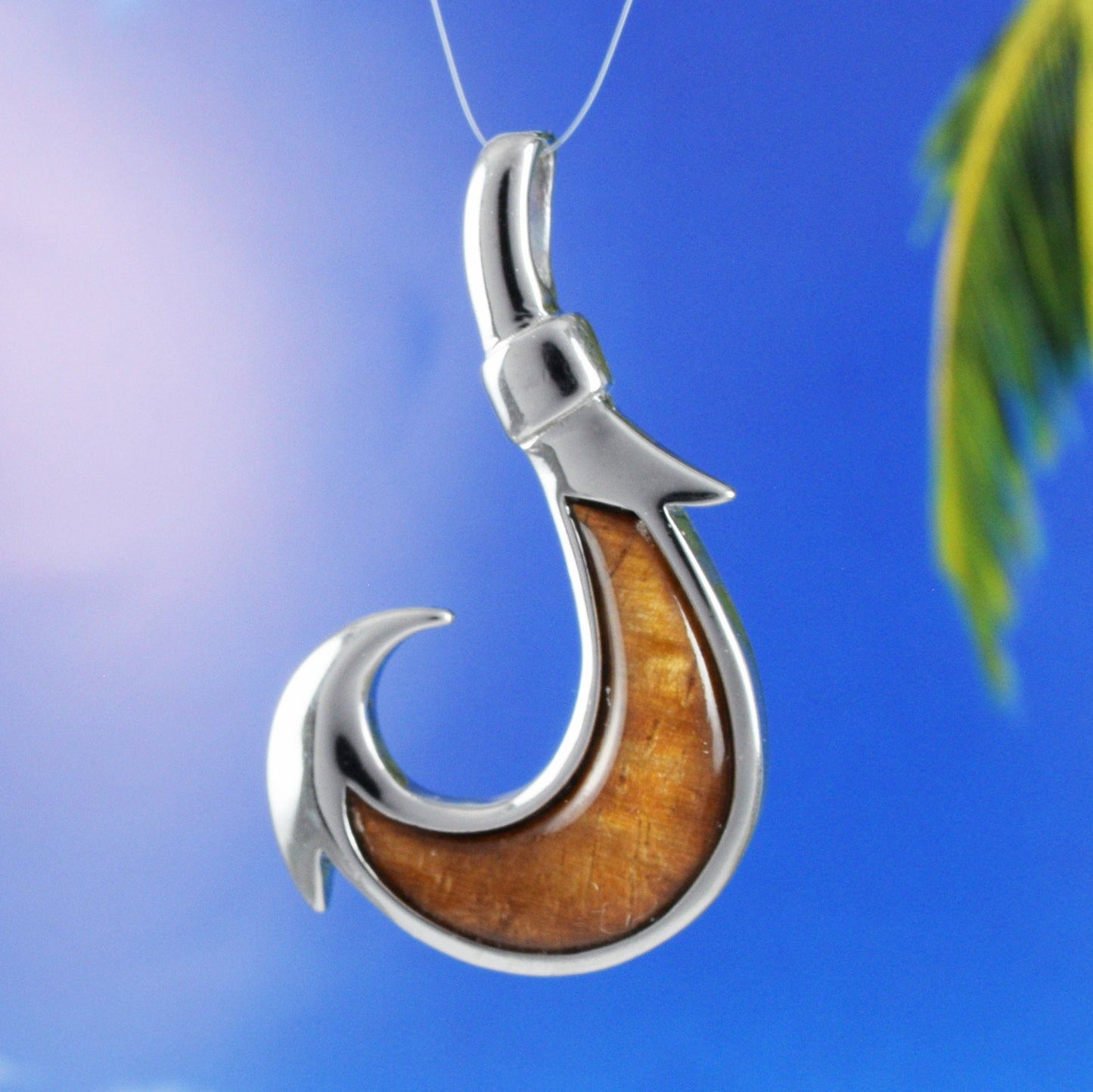 Hawaiian Large Genuine Koa Wood Fish Hook Pendant, Sterling Silver Koa Wood Fish Hook Pendant, Christmas Anniversary Birthday Gift