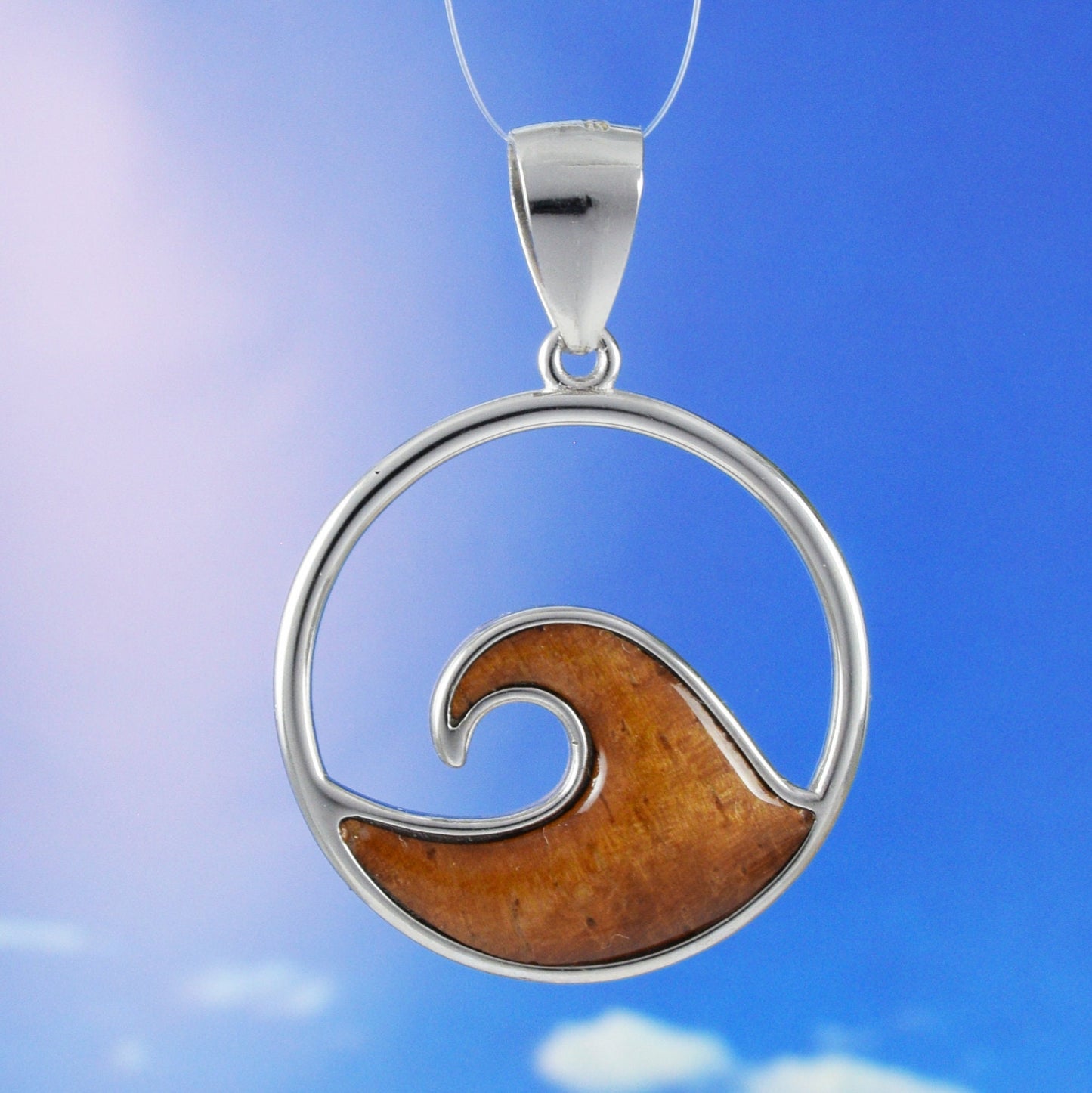 Hawaiian Large Genuine Koa Wood Ocean Wave Pendant, Sterling Silver Koa Wood Ocean Wave Pendant, Christmas Anniversary Birthday Gift