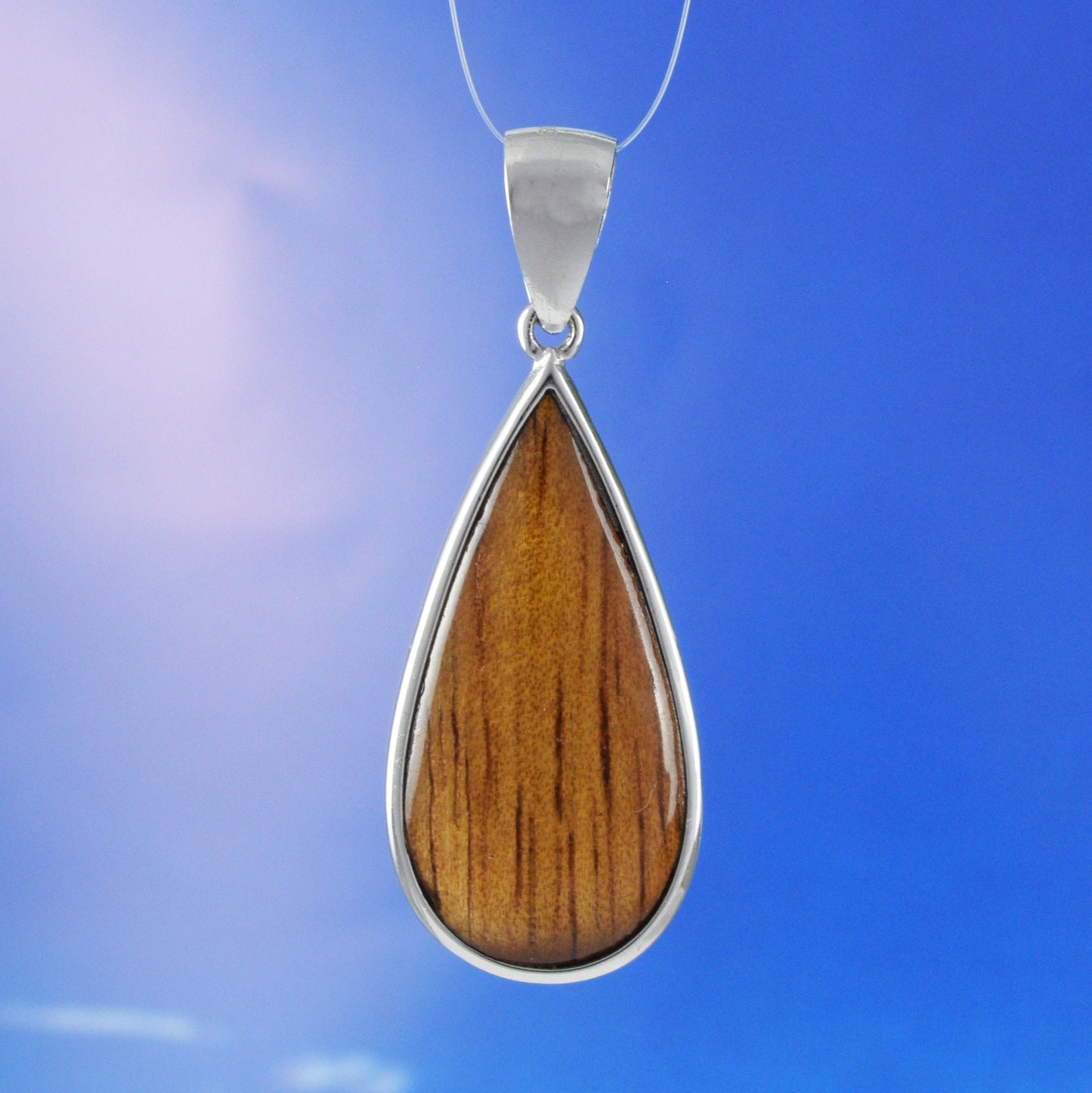 Hawaiian Large Genuine Koa Wood Rain Drop Pendant, Sterling Silver Koa Wood Rain Drop Pendant, Christmas Anniversary Birthday Gift