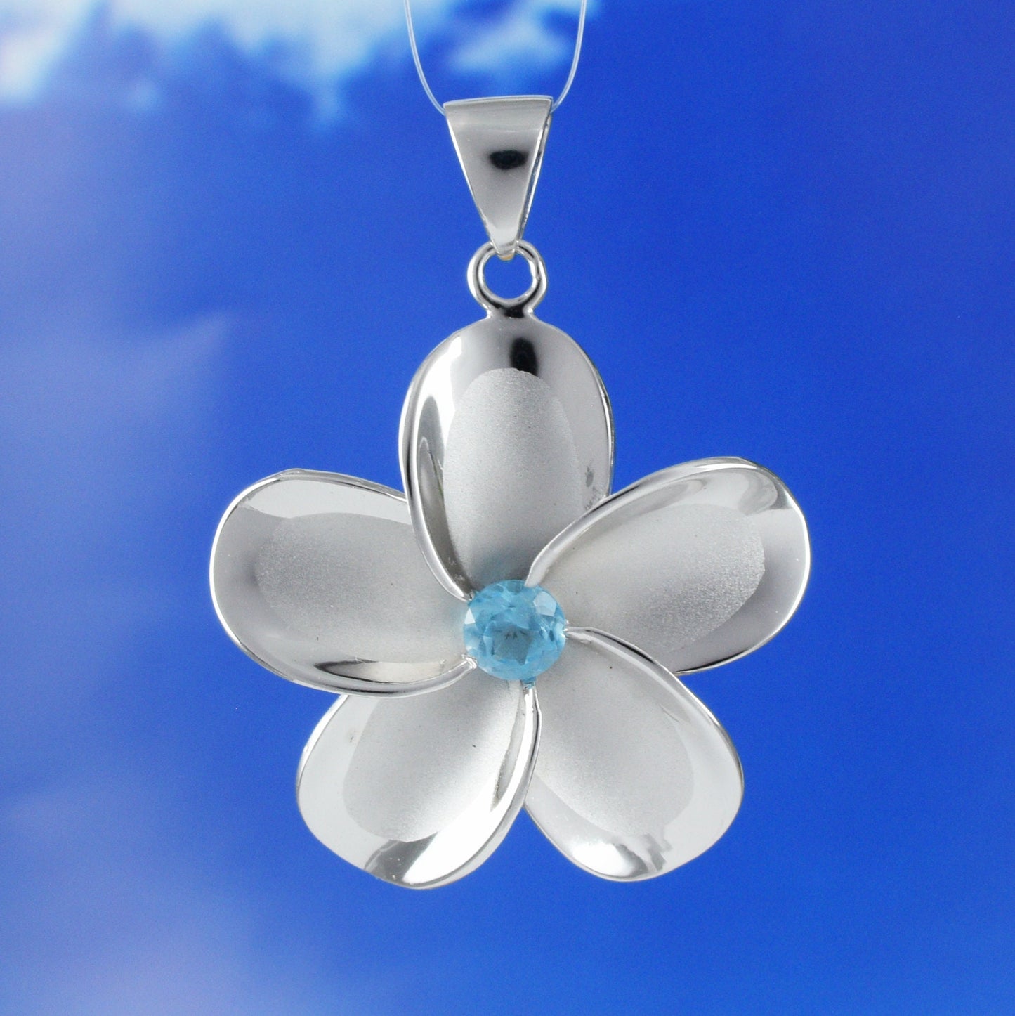 Hawaiian X-Large Genuine Blue Topaz Plumeria Pendant, Sterling Silver Plumeria Pendant, Christmas Anniversary Birthday Mom Gift