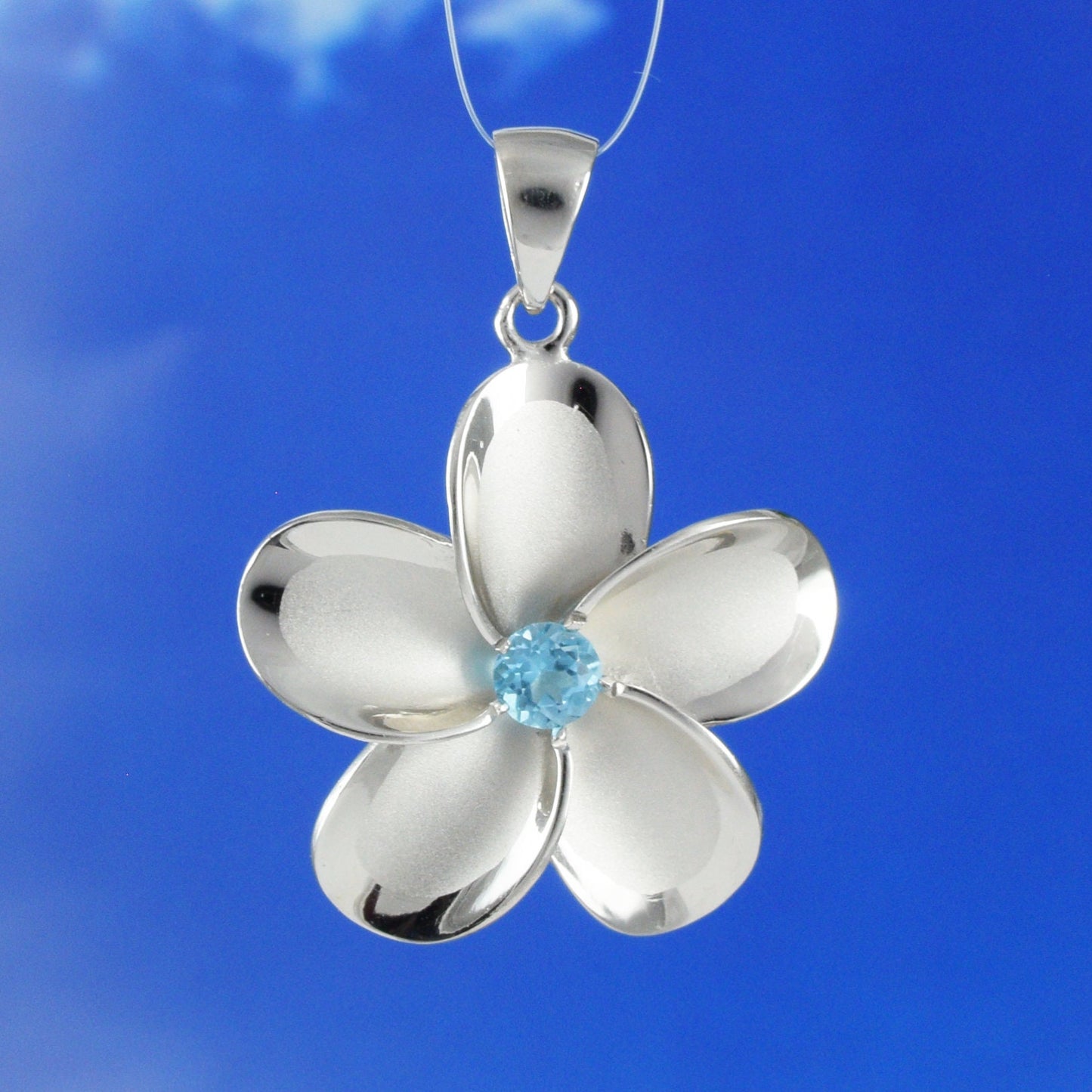 Hawaiian Large Genuine Blue Topaz Plumeria Pendant, Sterling Silver Plumeria Pendant, Christmas Anniversary Birthday Mom Gift