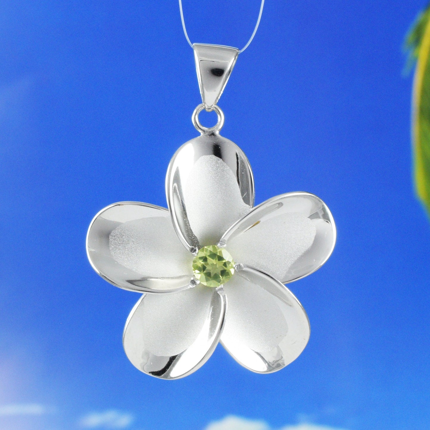 Hawaiian X-Large Genuine Peridot Plumeria Pendant, Sterling Silver Plumeria Pendant, Christmas Anniversary Birthday Mom Gift